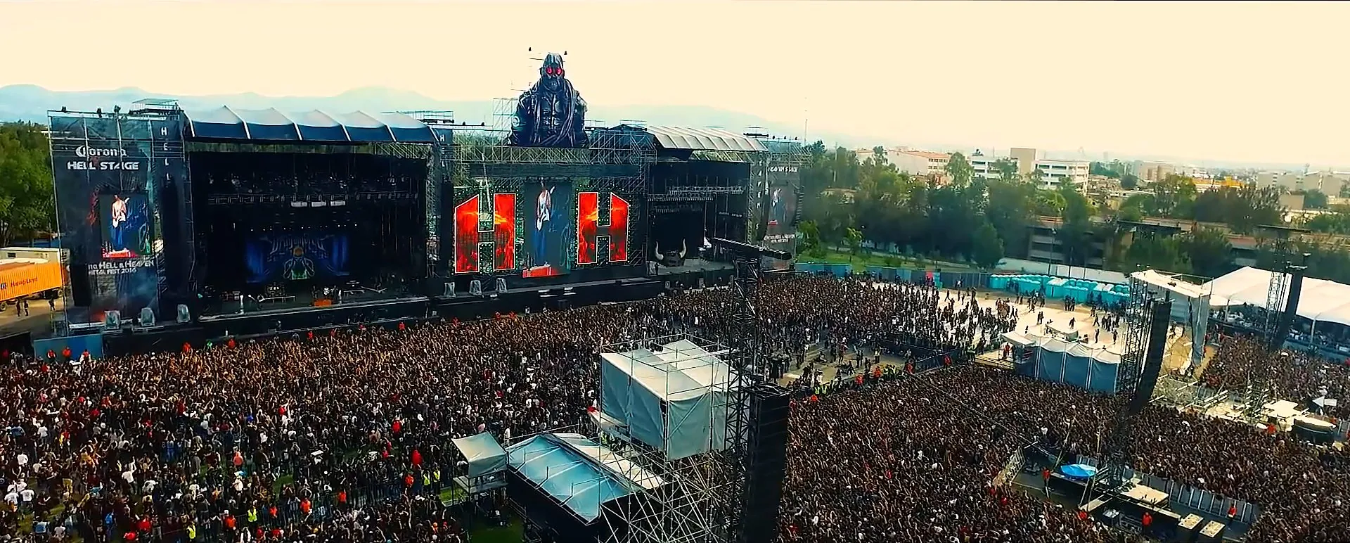 Aerial view of the Hell & Heaven crowd in front of the main stage